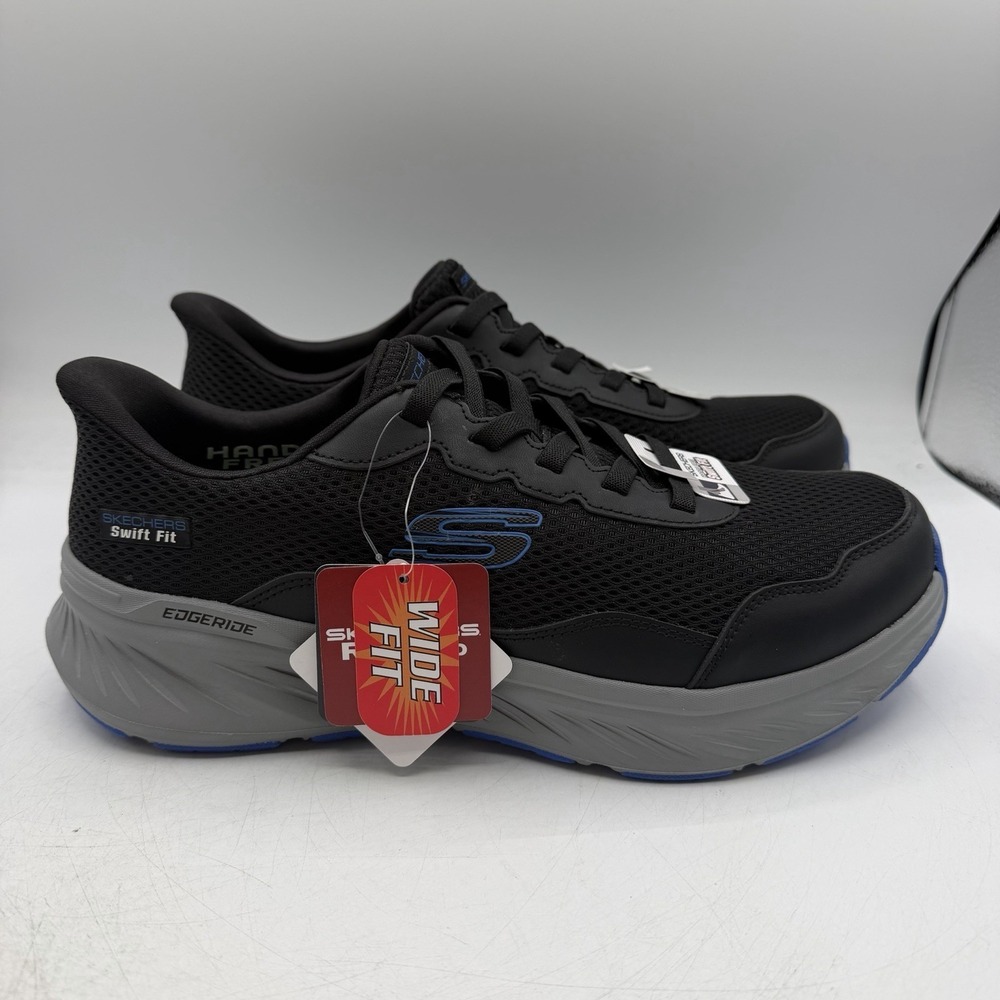 Skechers Edgeride Swfit Fit‎ Shoes Mens Sz 8 WIDE Black/Blue Hands Free Sneakers